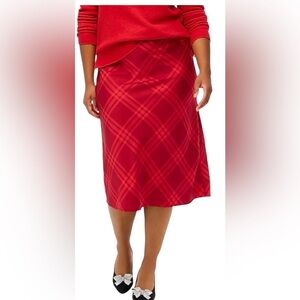 NWT- J.Crew Mid-Rise Bias-Slip Straight Midi Skirt – Red Plaid  - Size Large